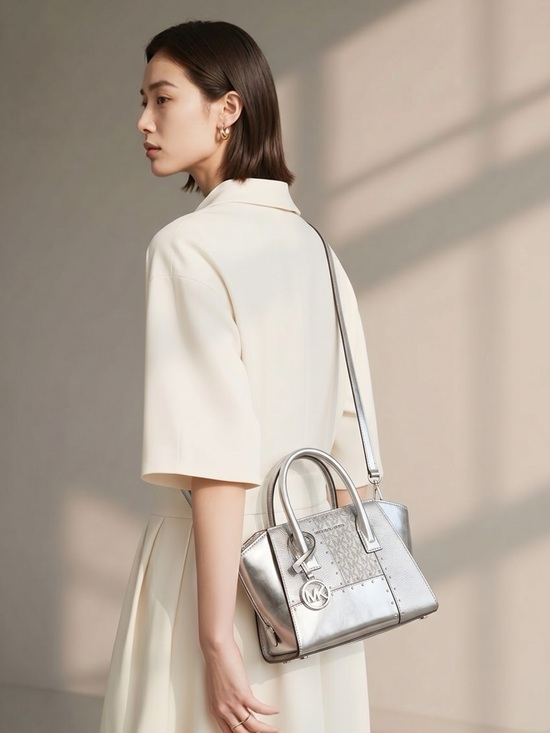 Michael Kors Handbags - Michael Kors Metallic Taupe Logo Satchel with Detachable Strap